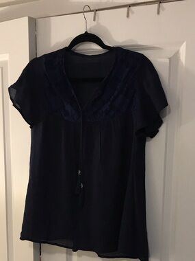 Navy Lace-Yoke Short Sleeve Blouse with Tassel Tie